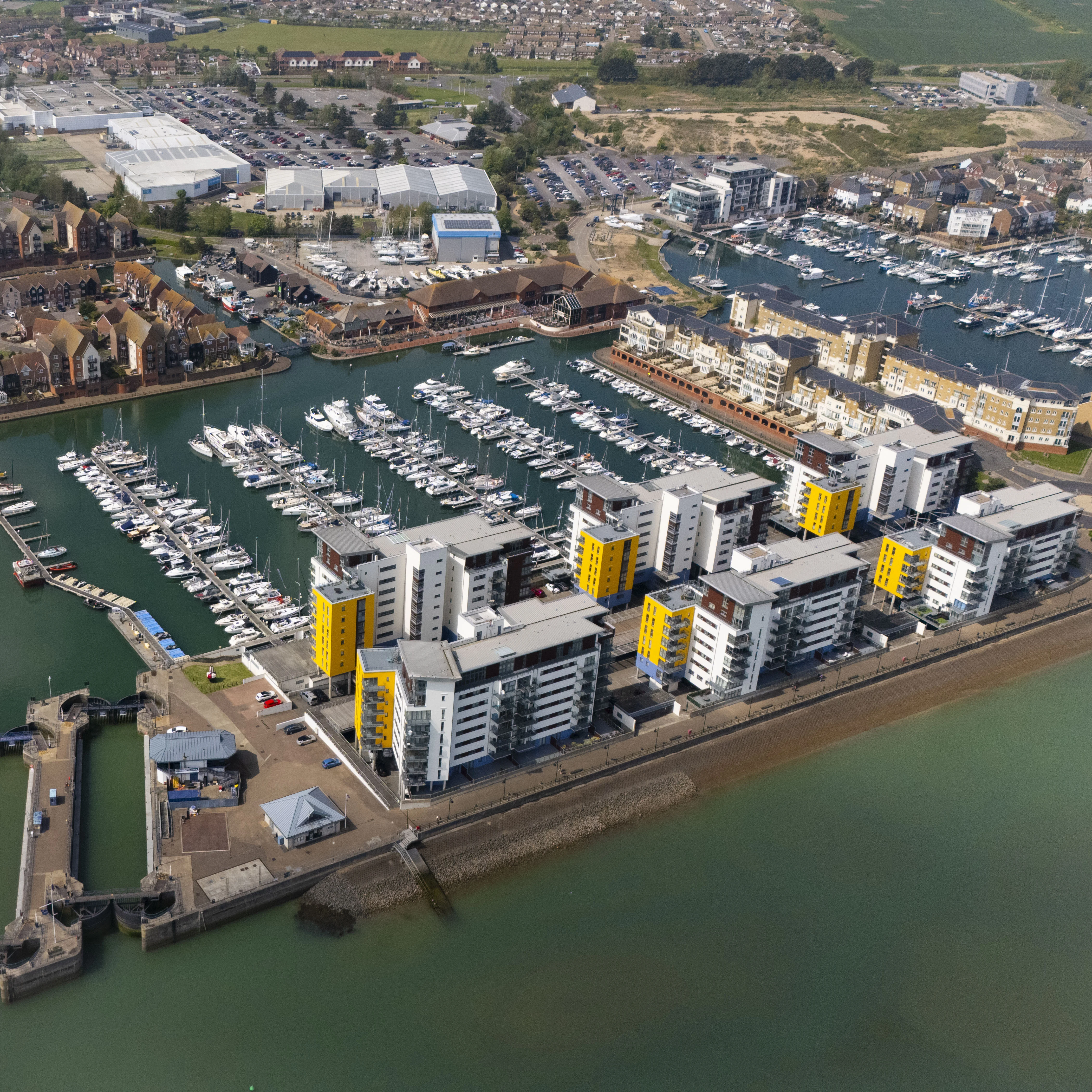 Aerial drone shot of Eastbourne Harbour